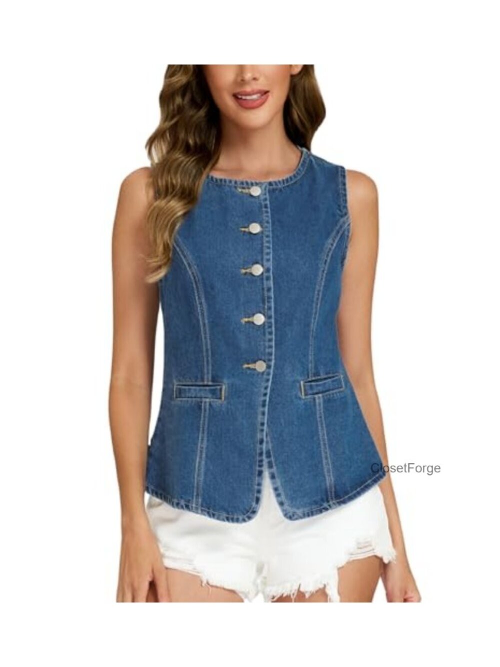 Sleeveless Denim Vest Top Button Down Jean Vest with Pockets